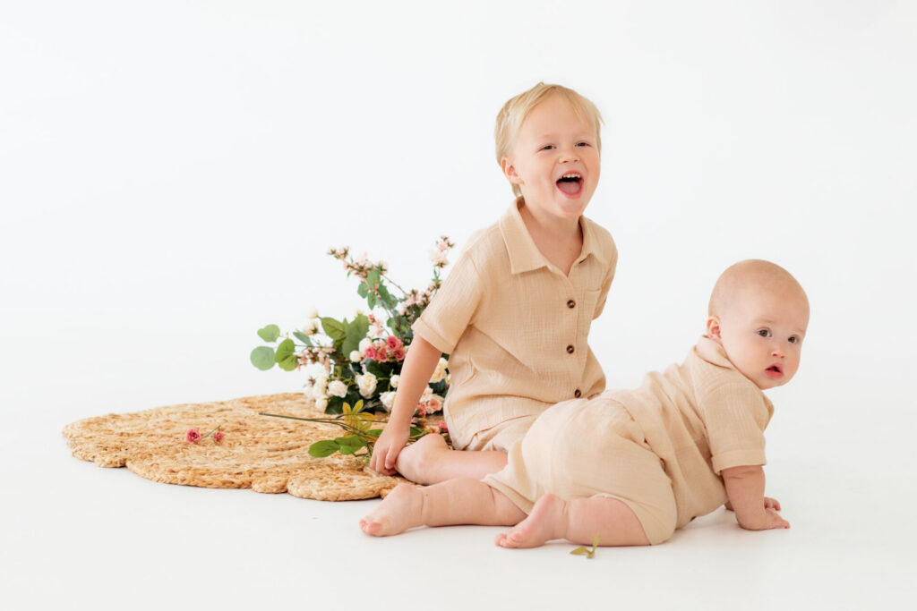 Natural light photo studio family session toddler sons