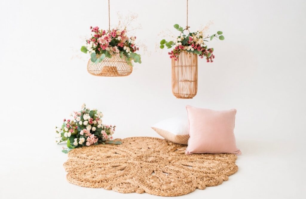 Floral installation pink natural greenery boho cozy photo studio setup Jacksonville FL Mother's Day photography session