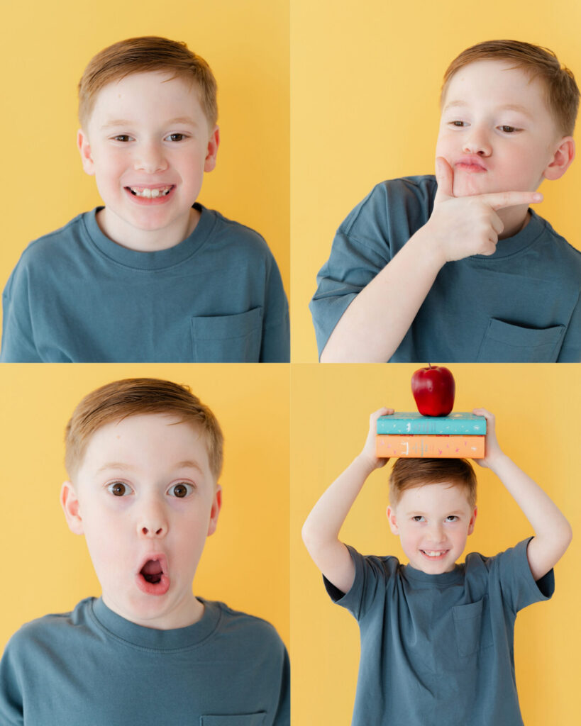 a grade school boy personality portraits against a yellow backdrop for back to school photos in jacksonville
