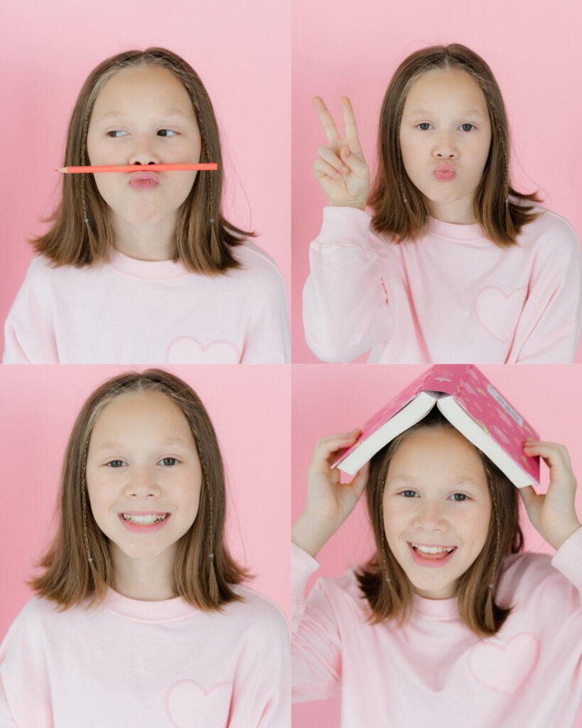 grade school girl in a pink top and backdrop for personality photos at a jacksonville florida photo studio