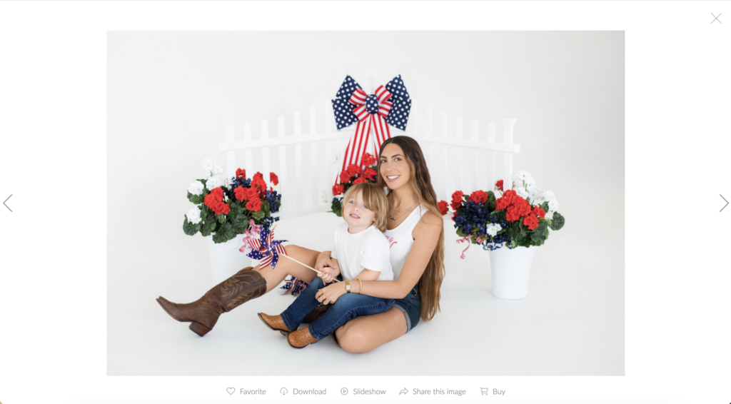 Desktop view of an individual image inside an online client photo gallery with options to favorite, download, share, and purchase prints.
