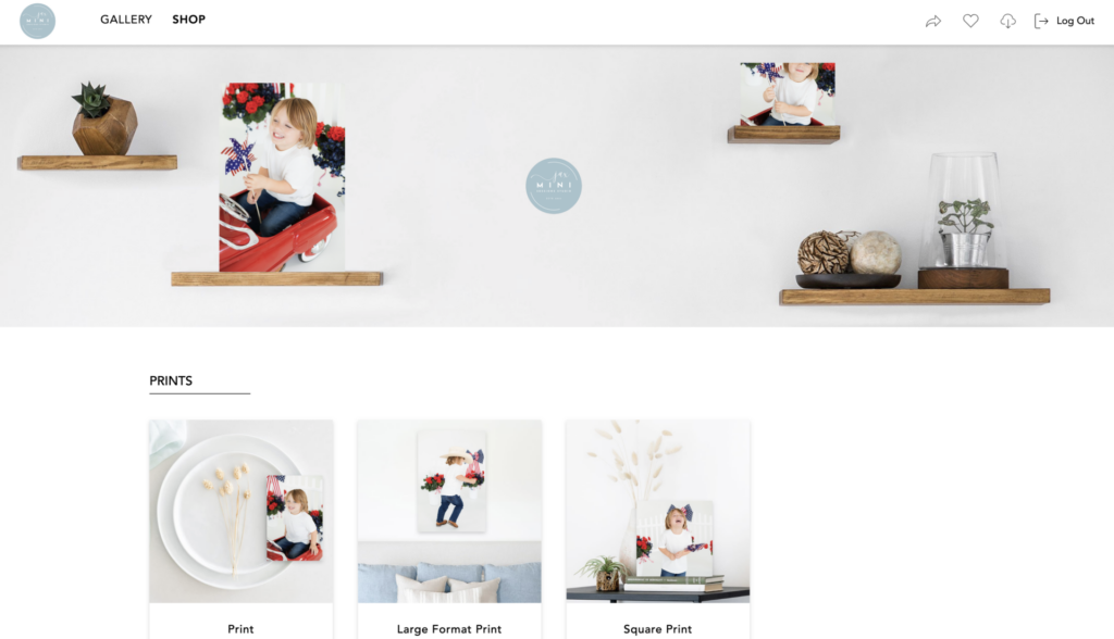 Desktop view of Cloudspot photo gallery Shop products showing prints options.