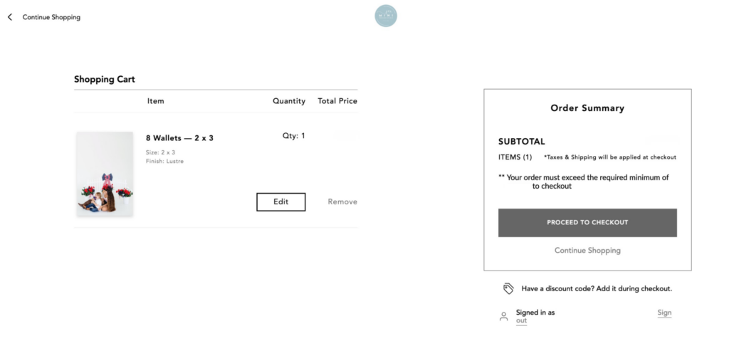 Desktop view of Cloudspot photo gallery shopping cart order summary.