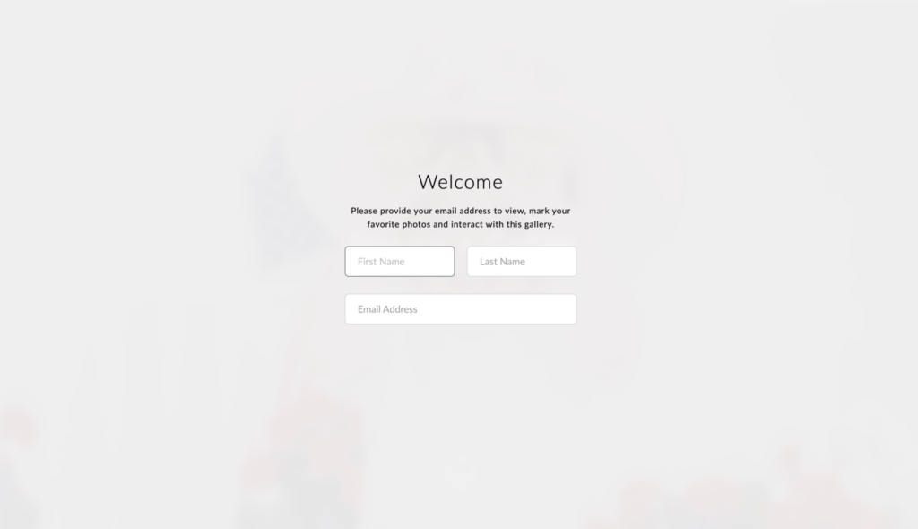 CloudSpot online photo gallery welcome page prompting clients to enter information before accessing their gallery.